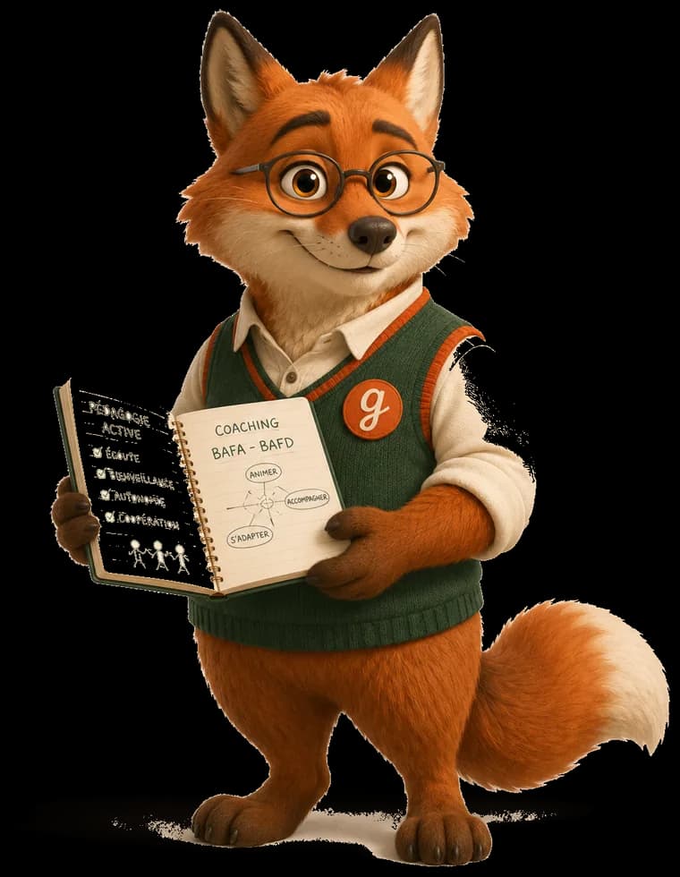 Le Formateur, un renard à lunettes en pull vert forêt, carnet ouvert