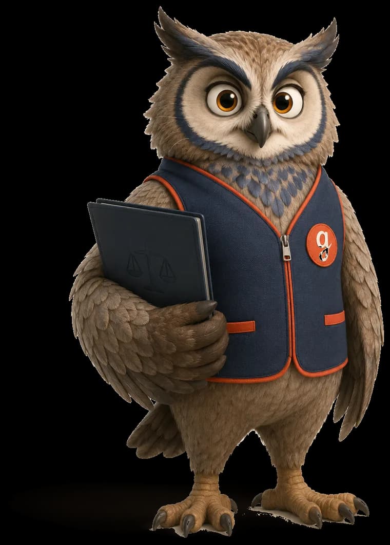 L'Inspecteur, un hibou grand-duc en gilet bleu nuit, registre sous l'aile